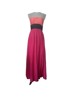 Y2K Cache 100% Silk Gown Colorblock Strapless Chiffon Maxi Coral Pink 2